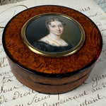 Fine Early 1800s French Portrait Miniature Snuff Box, Portrait of a Beautiful Woman on Burl Wood Box