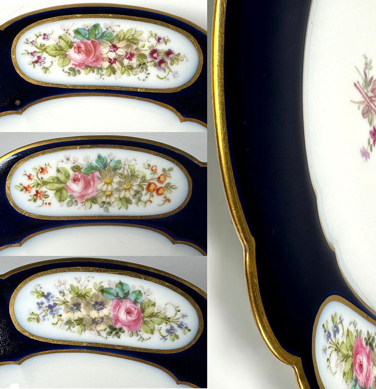 Pristine Antique French Sevrés Hand Painted Porcelain Plate in Cobalt Blue and Florals, c. 1926