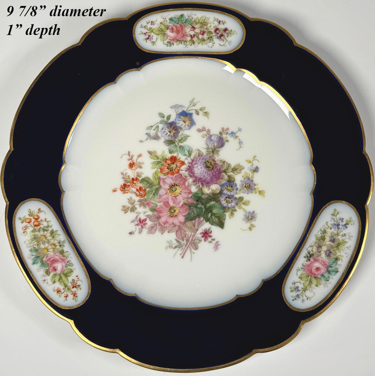 Pristine Antique French Sevrés Hand Painted Porcelain Plate in Cobalt Blue and Florals, c. 1926