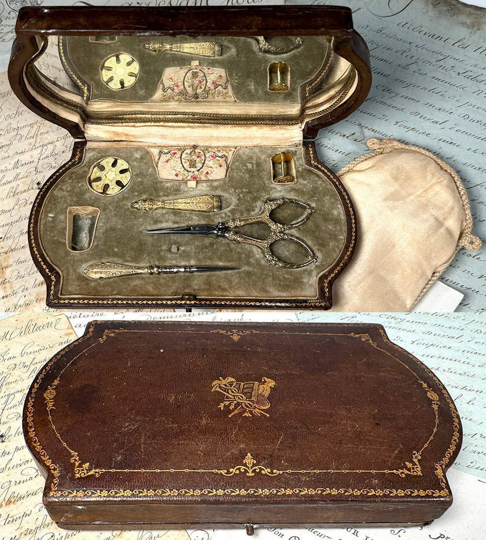 Antique French Sewing Necessaire, Etui in Leather, 18k on Sterling Silver Sewing Tools c. 1900 - 1920