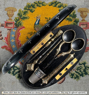 Fine Antique French Sewing Necessaire, Etui, Napoleon III Era Sterling Vermeil 18k Complete 6 Tools