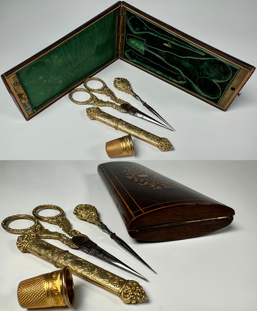 Antique French Napoléon III era (c.1850-70) Sewing Etui, Necessaire, Sterling & 18k Vermeil Tools