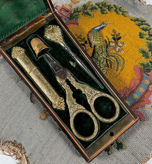 Antique French Napoléon III era (c.1850-70) Sewing Etui, Necessaire, Sterling & 18k Vermeil Tools