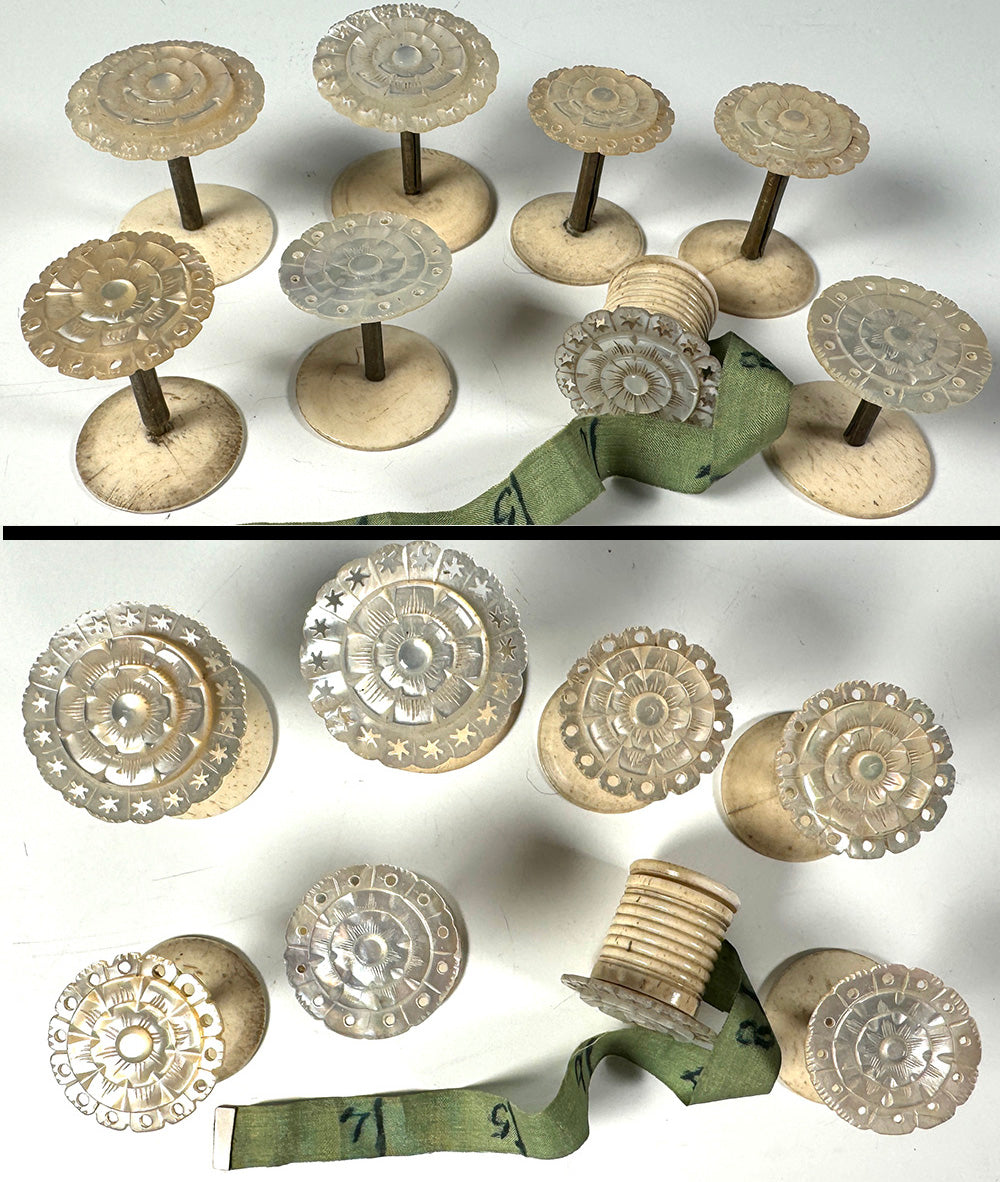 Antique Victorian Era Sewing Box Set of Spools, Measuring Tape, Carved Mother of Pearl and Ivory