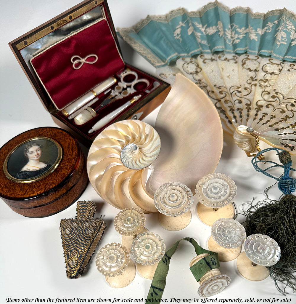 Antique Victorian Era Sewing Box Set of Spools, Measuring Tape, Carved Mother of Pearl and Ivory