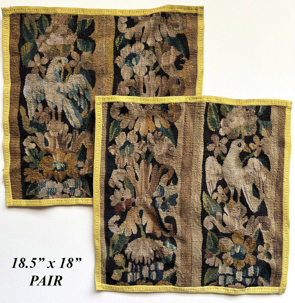 PAIR Antique 17th Century French or Flemish Tapestry Fragment Panels Ready to Make Throw Pillows