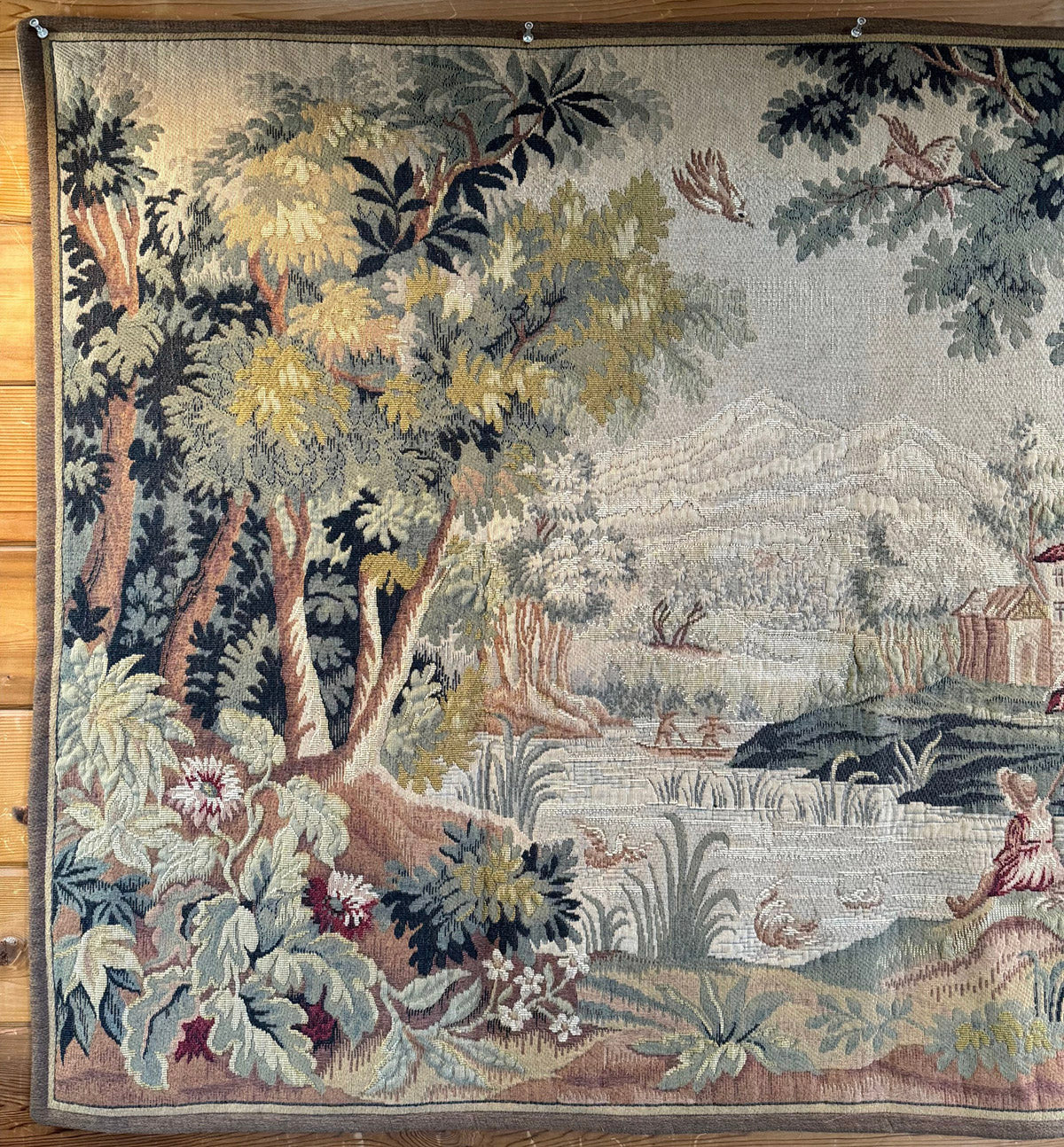 Vintage French 54" x 35.5"  Wall Tapestry in Manner of Aubusson, Artist Signed, Ready to Hang