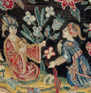 RARE 19" x 14" Antique French Louis XIV Needlework Point de Saint-Cyr Needlework Tapestry, Dragon, Figural, Needlepoint Wall Hanging, Pillows?