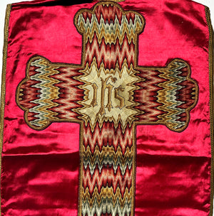 Fine Antique Silk Embroidery Crucifix on Silk Catholic Vestment, Stole or Cape, Panels for Pillows