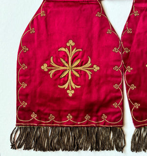 Antique French Made Catholic Silk Embroidery on Silk Ecclesiastical Stole with Gold Metallic Fringe