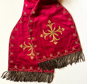 Antique French Made Catholic Silk Embroidery on Silk Ecclesiastical Stole with Gold Metallic Fringe