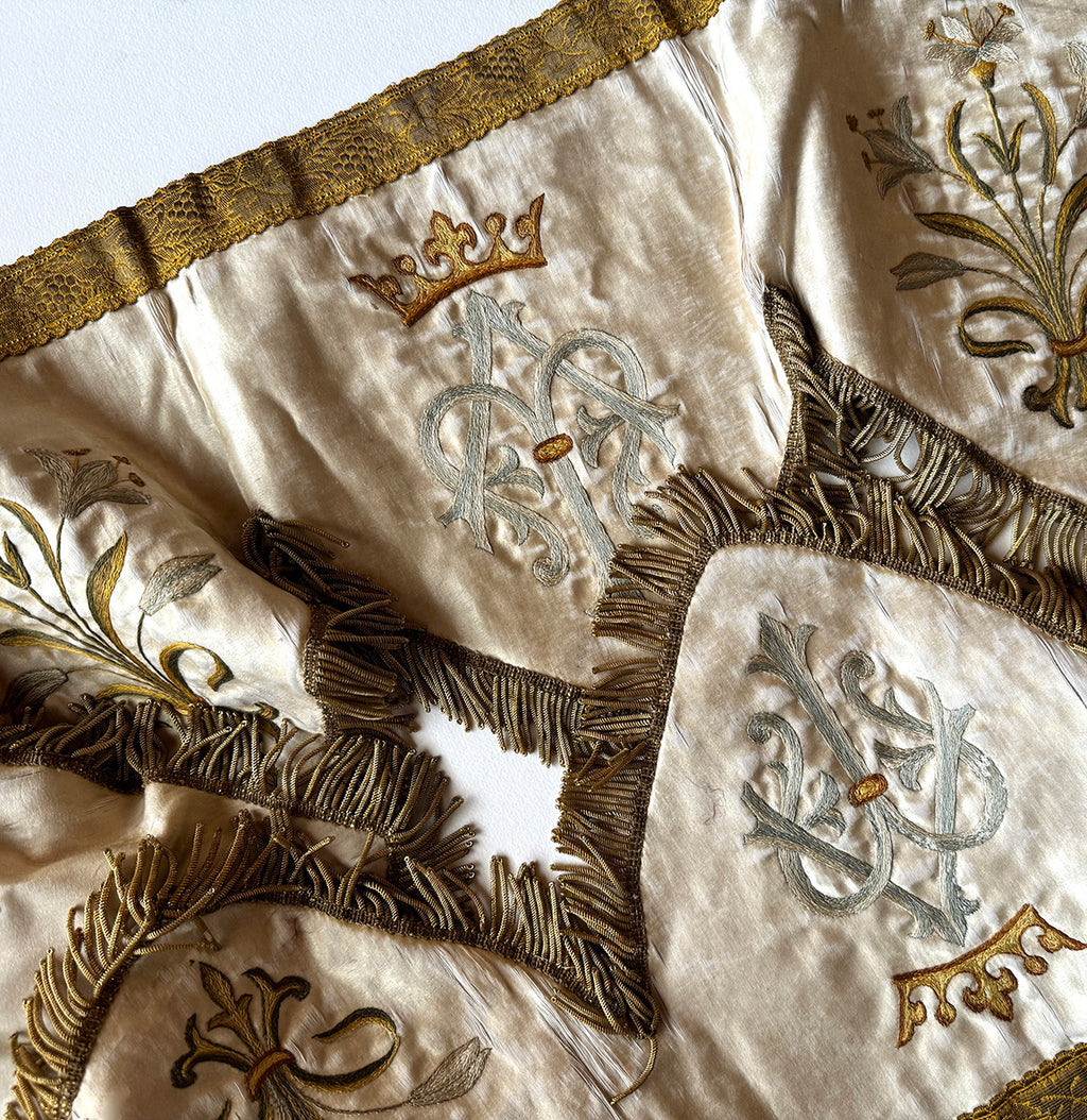 Antique French Ecclesiastical Alter Cloth or Stole, Silk Embroidery Crown and Lust Metallic Fringe