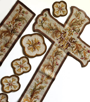 Antique French Ecclesiastical Robe Needlepoint Embroidery Set of 7 Pieces Including Cross, Unused