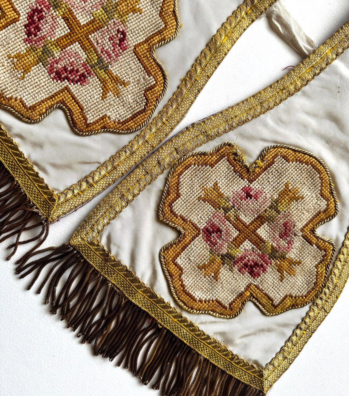 Antique French Made Catholic Silk Embroidery on Silk Ecclesiastical White Stole with Gold Metallic Fringe