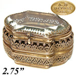 Antique French Victorian Era Tiny 2 3/4" Ring Box or Jewelry Casket, Thick Beveled Glass Top