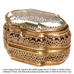 Antique French Victorian Era Tiny 2 3/4" Ring Box or Jewelry Casket, Thick Beveled Glass Top