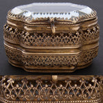 Antique French Victorian Era Tiny 2 3/4" Ring Box or Jewelry Casket, Thick Beveled Glass Top