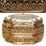 Antique French Victorian Era Tiny 2 3/4" Ring Box or Jewelry Casket, Thick Beveled Glass Top