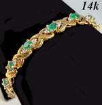 Stunning Vintage 1980s 14k Criss Cross Link Bracelet, Emeralds and Diamonds. 7" Long 7.85 Gr