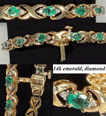 Stunning Vintage 1980s 14k Criss Cross Link Bracelet, Emeralds and Diamonds. 7" Long 7.85 Gr