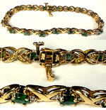 Stunning Vintage 1980s 14k Criss Cross Link Bracelet, Emeralds and Diamonds. 7" Long 7.85 Gr