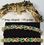 Stunning Vintage 1980s 14k Criss Cross Link Bracelet, Emeralds and Diamonds. 7" Long 7.85 Gr