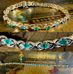 Stunning Vintage 1980s 14k Criss Cross Link Bracelet, Emeralds and Diamonds. 7" Long 7.85 Gr