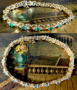 Stunning Vintage 1980s 14k Criss Cross Link Bracelet, Emeralds and Diamonds. 7" Long 7.85 Gr