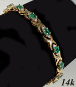 Stunning Vintage 1980s 14k Criss Cross Link Bracelet, Emeralds and Diamonds. 7" Long 7.85 Gr