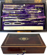Large French Antique Compas Superieurs Drafting Compass Set, Nécessaire, Boulle Inlay Rosewood Box, Watercolor Bricks, Aquarelle