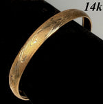 Beautiful Vintage Satin Finish and Engraved 14k Yellow Gold 3/8" Wide Bangle Bracelet, 7" Wrist