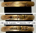 Beautiful Vintage Satin Finish and Engraved 14k Yellow Gold 3/8" Wide Bangle Bracelet, 7" Wrist