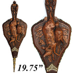 Rare Antique Victorian Era Black Forest Carved 20" Fireplace Bellows: Boar, Game Bird, Oak Leaves & Acorns