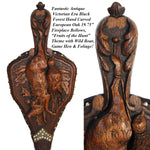 Rare Antique Victorian Era Black Forest Carved 20" Fireplace Bellows: Boar, Game Bird, Oak Leaves & Acorns