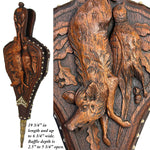 Rare Antique Victorian Era Black Forest Carved 20" Fireplace Bellows: Boar, Game Bird, Oak Leaves & Acorns