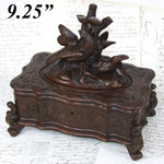 Antique Victorian Black Forest Carved 9.5" Jewelry Box, Serpentine with Lg 2-Bird Figural Top