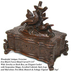 Antique Victorian Black Forest Carved 9.5" Jewelry Box, Serpentine with Lg 2-Bird Figural Top