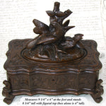 Antique Victorian Black Forest Carved 9.5" Jewelry Box, Serpentine with Lg 2-Bird Figural Top
