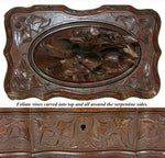 Antique Victorian Black Forest Carved 9.5" Jewelry Box, Serpentine with Lg 2-Bird Figural Top