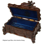 Antique Victorian Black Forest Carved 9.5" Jewelry Box, Serpentine with Lg 2-Bird Figural Top