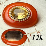 Antique Victorian 12k Gold Brooch, Carnelian Citrine and Seed Pearl, Excellent Quality and Condition