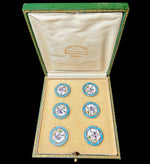Set of 6 Large Antique French Sterling Silver Buttons, Kiln-fired Enamel, Still in Original Box, Risler & Carré