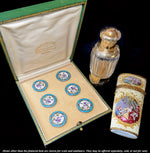 Set of 6 Large Antique French Sterling Silver Buttons, Kiln-fired Enamel, Still in Original Box, Risler & Carré