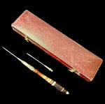 Fine Antique French Crochet Tambour, Banded Agate Handle, 2 Hooks in Original Box, Nécessaire