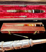 Fine Antique French Crochet Tambour, Banded Agate Handle, 2 Hooks in Original Box, Nécessaire