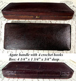 Elegant Antique French Crochet Tambour, Banded Agate Handle, 4 Hooks in Original Box, Nécessaire
