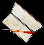 Elegant Antique French Crochet Tambour, Banded Agate Handle, 4 Hooks in Original Box, Nécessaire