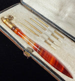 Elegant Antique French Crochet Tambour, Banded Agate Handle, 4 Hooks in Original Box, Nécessaire