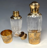 Antique French Art Nouveau Sterling Silver 18k Gold Vermeil Liqueur Flask with Shot Glass or Cup