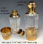Antique French Art Nouveau Sterling Silver 18k Gold Vermeil Liqueur Flask with Shot Glass or Cup
